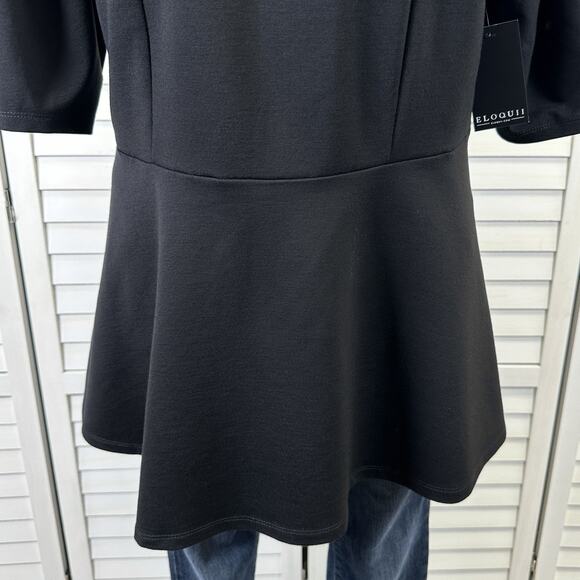 New Eloquii Black Puff Sleeve Peplum Blouse Top Scuba Ponte Back Zip Size 16 - Picture 5 of 12